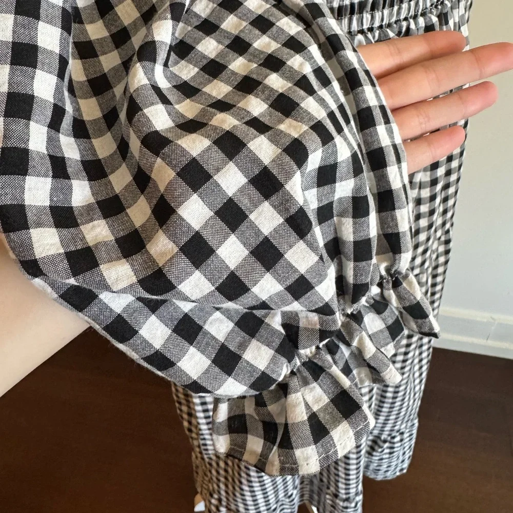 Black and White Gingham Smocked Sundress with Puff Sleeves - Size Medium - Picture 10 of 15